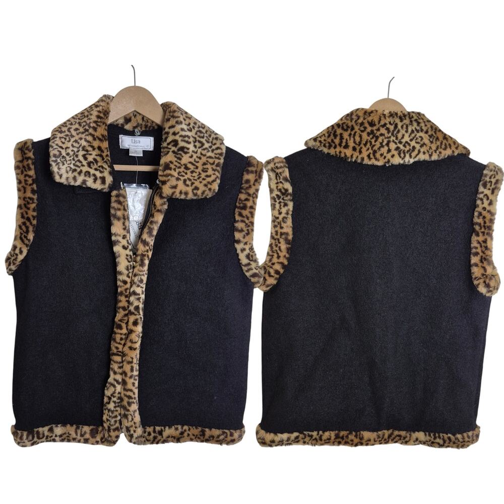Lisa International Black Wool Vest Removeable Faux Fur Collar NEW Medium